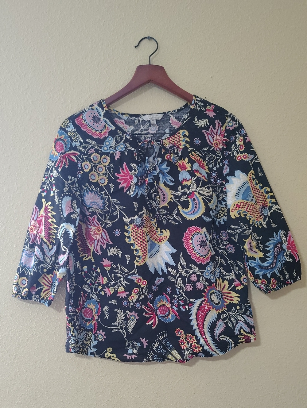 Hester & Orchard Linen Cotton 3/4 Sleeves Floral Relaxed Top Size M Bohemian